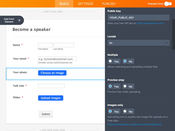 More uploading widget settings