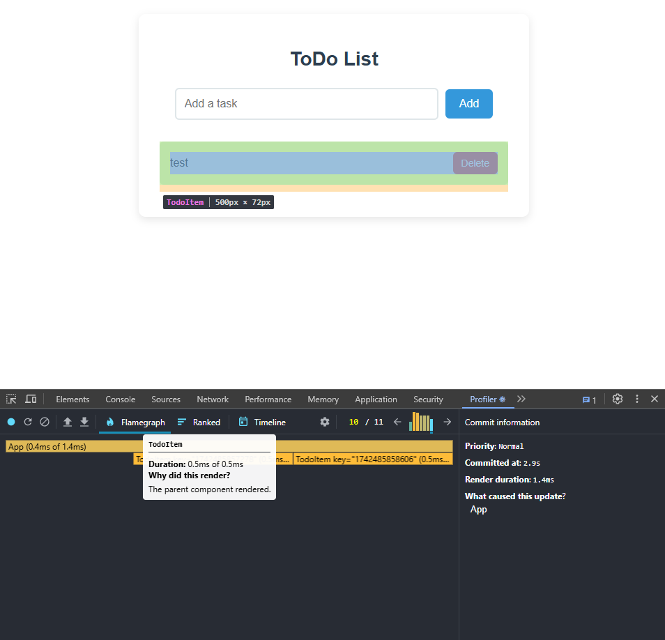 React DevTools profiler showing the “why did this render” hint