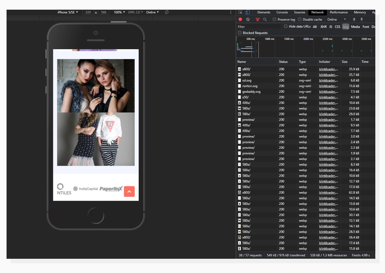 Chrome Dev Tools Network tab with Images filter on mobile, page scrolled down