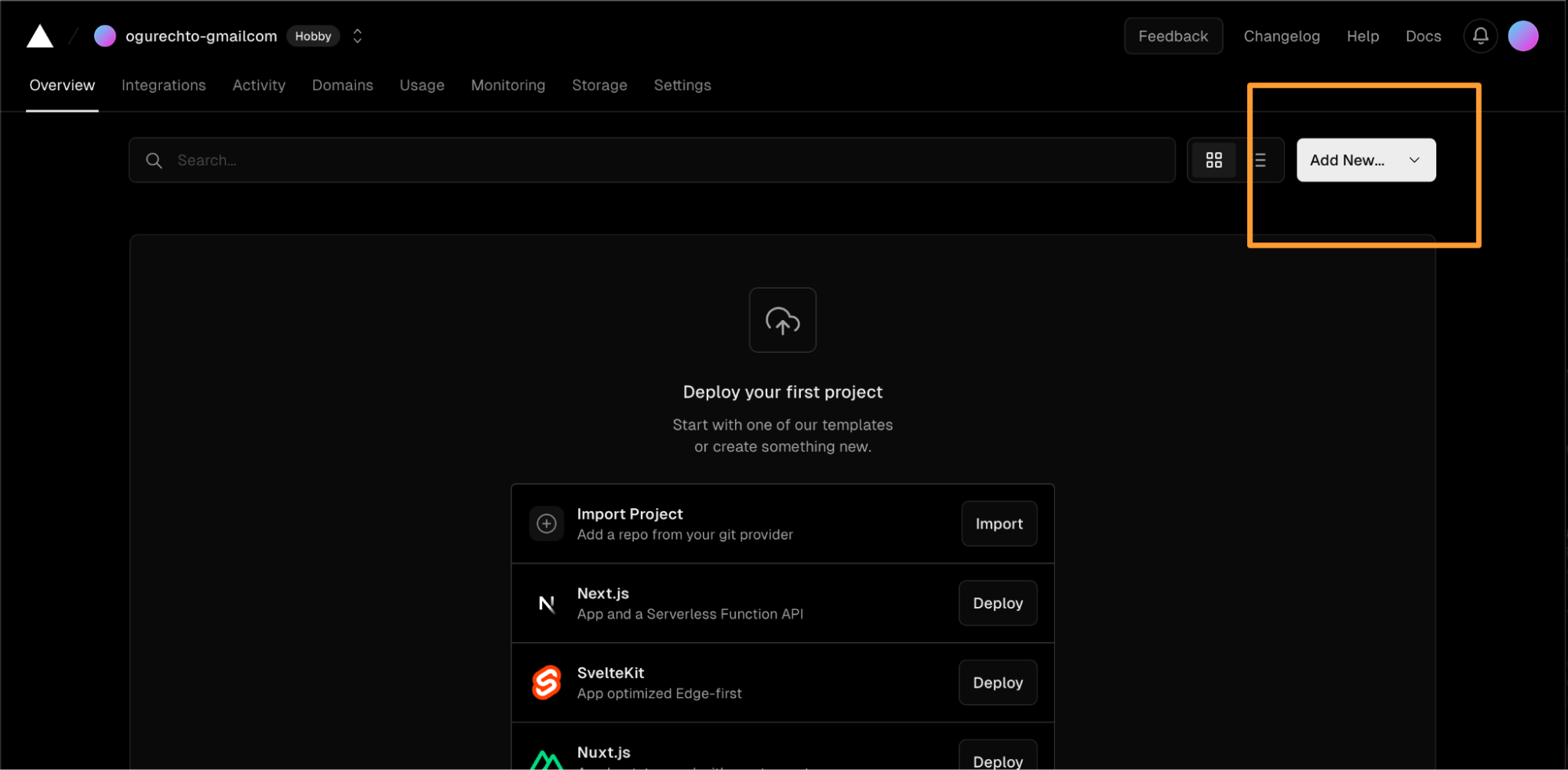 Adding a new project to Vercel