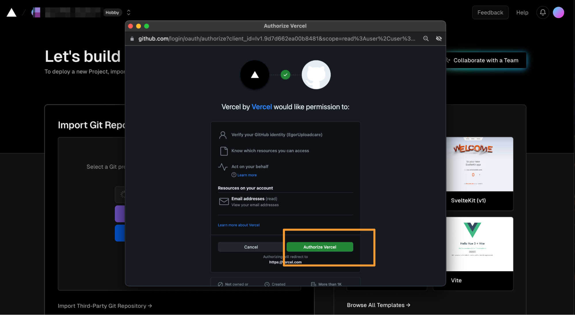 Authorizing Vercel to your GitHub account