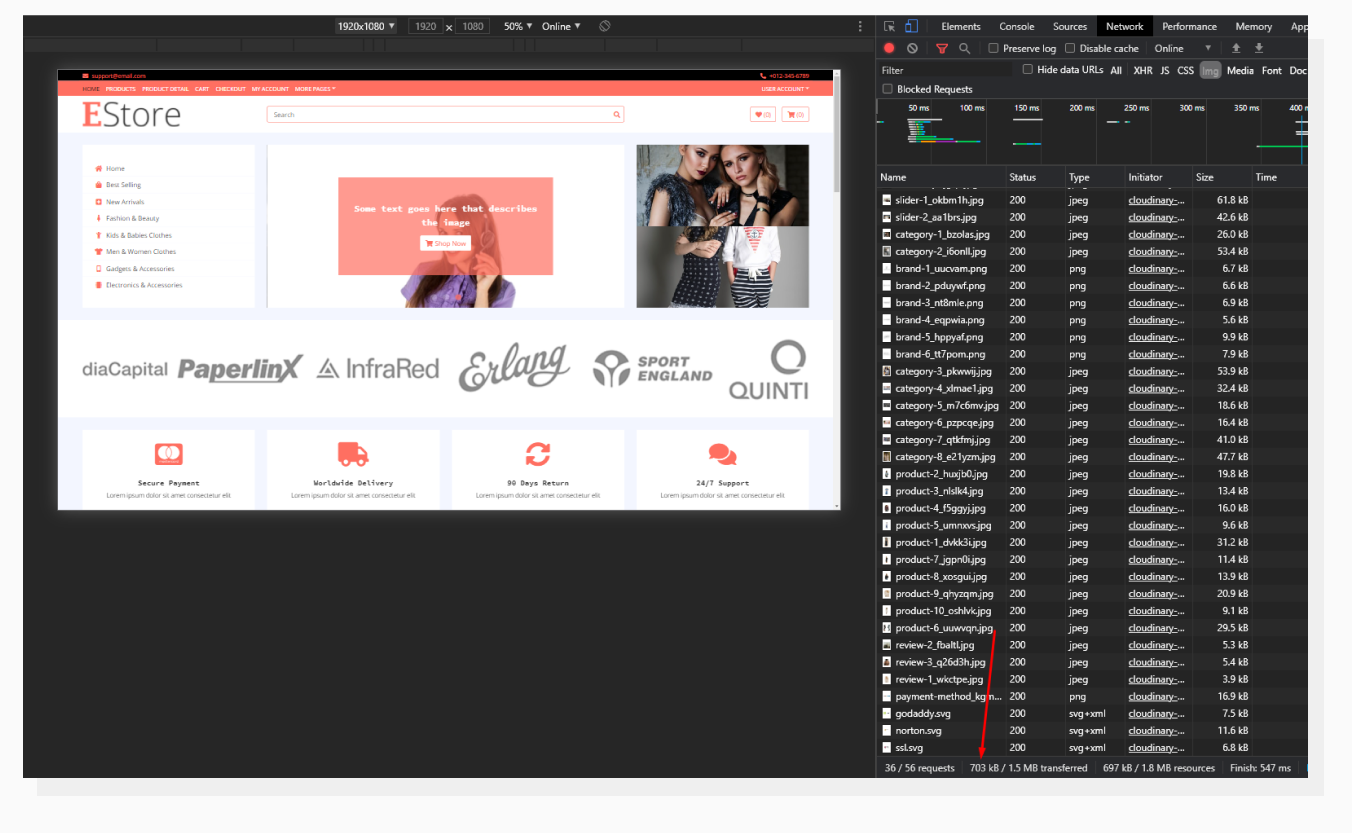 Chrome Dev Tools Network tab with Images filter