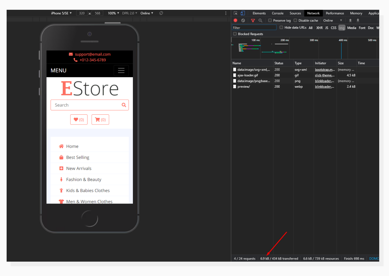 Chrome Dev Tools Network tab with Images filter on mobile