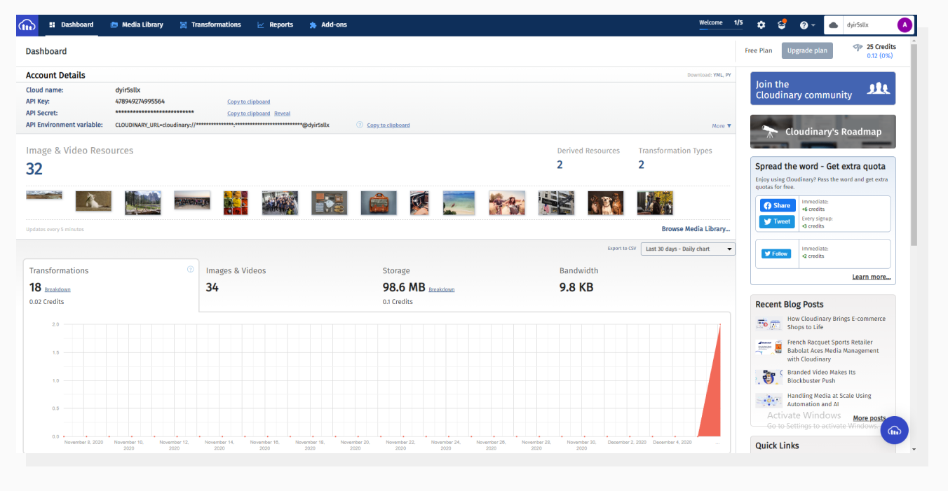 Cloudinary dashboard main page