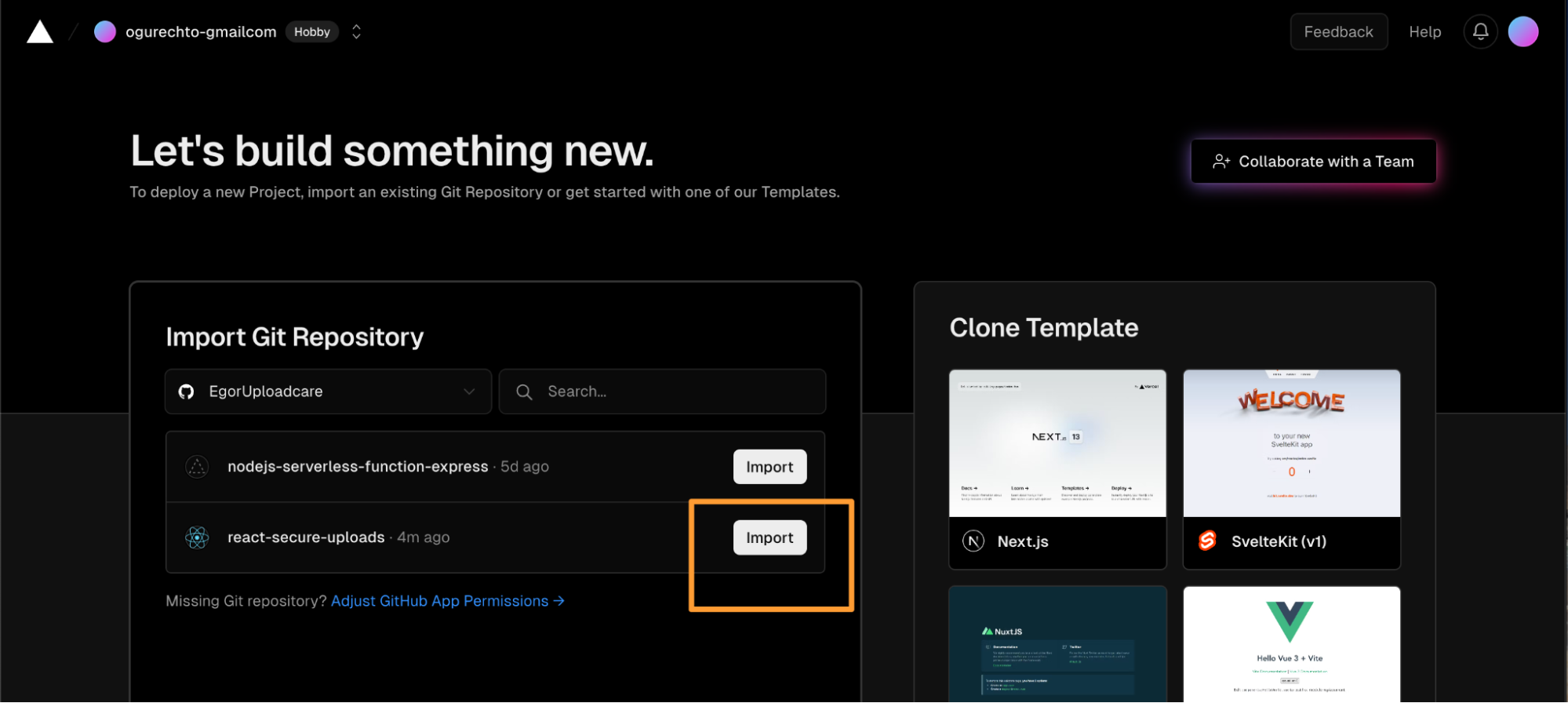 Deploying a new Vercel project
