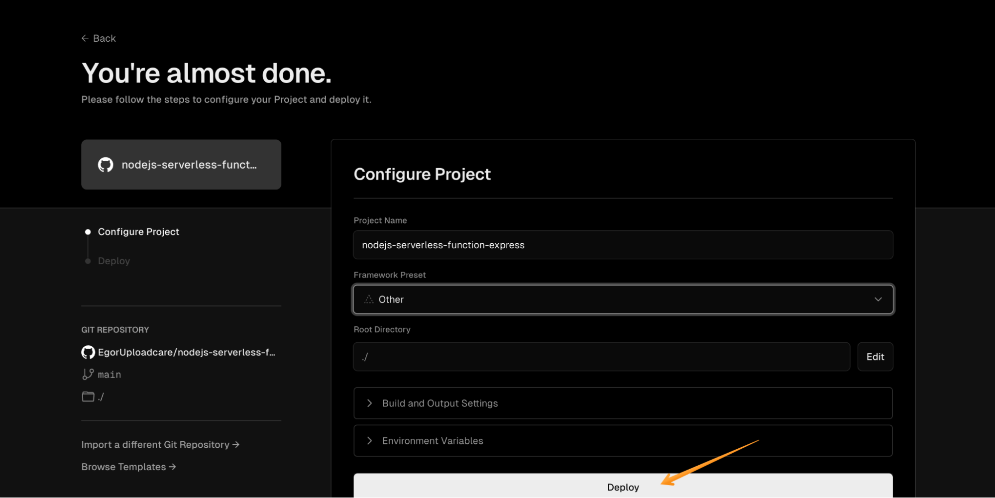 Deploying the project to Vercel