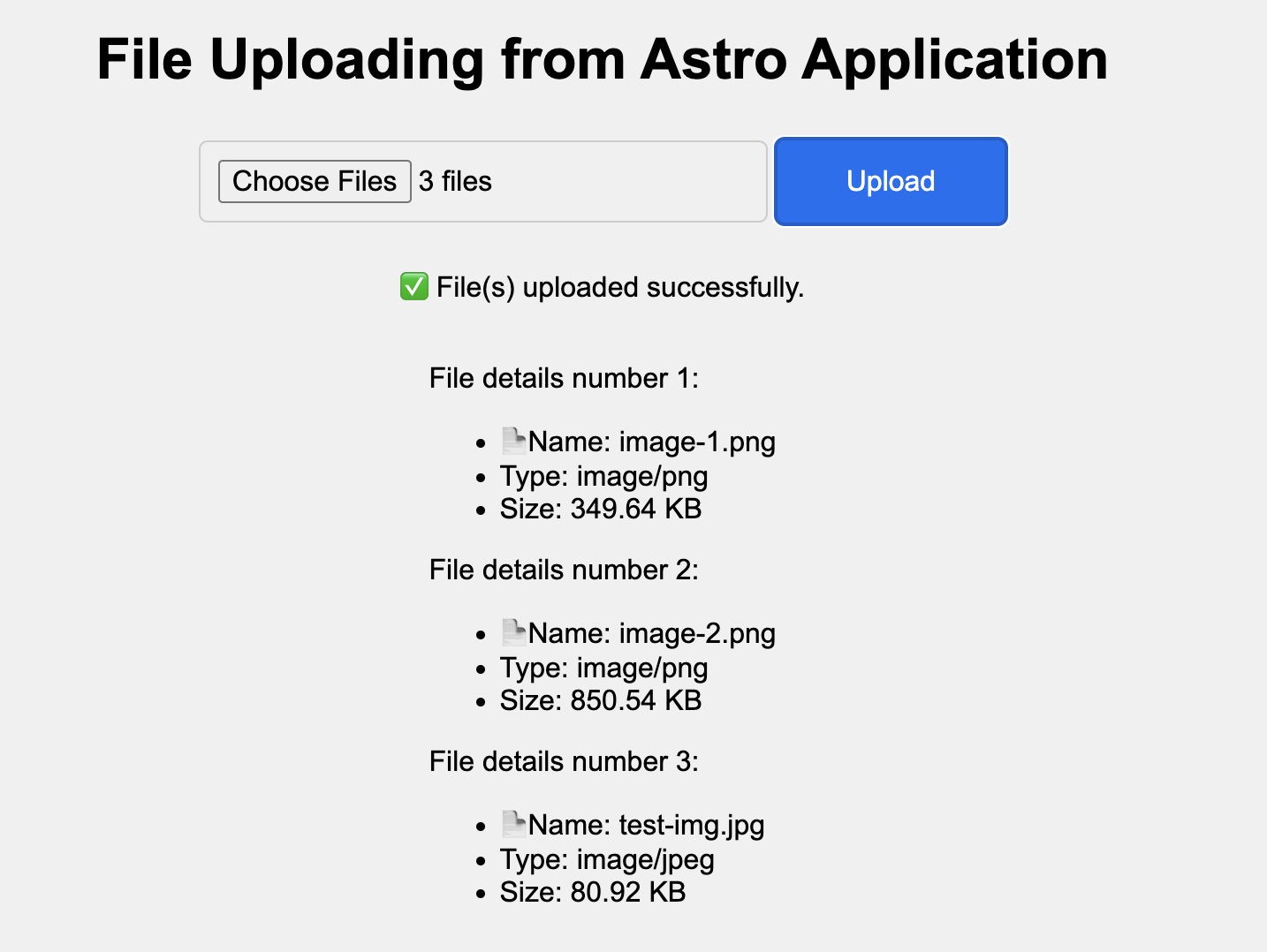 File details of files uploaded in Astro