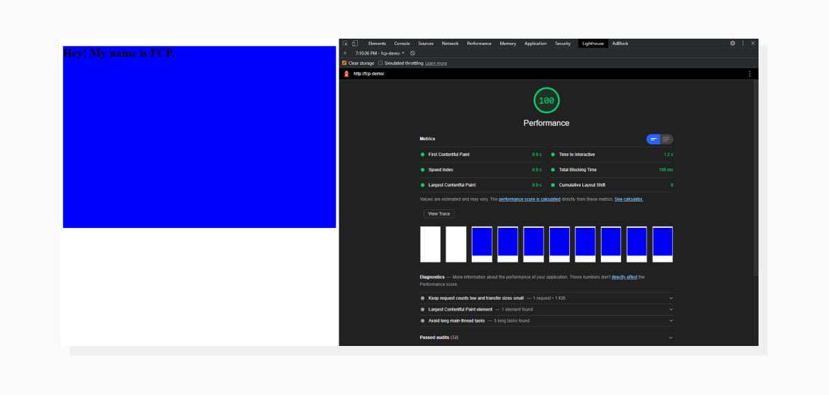 Lighthouse screenshot demonstrating successful First Contentful Paint event