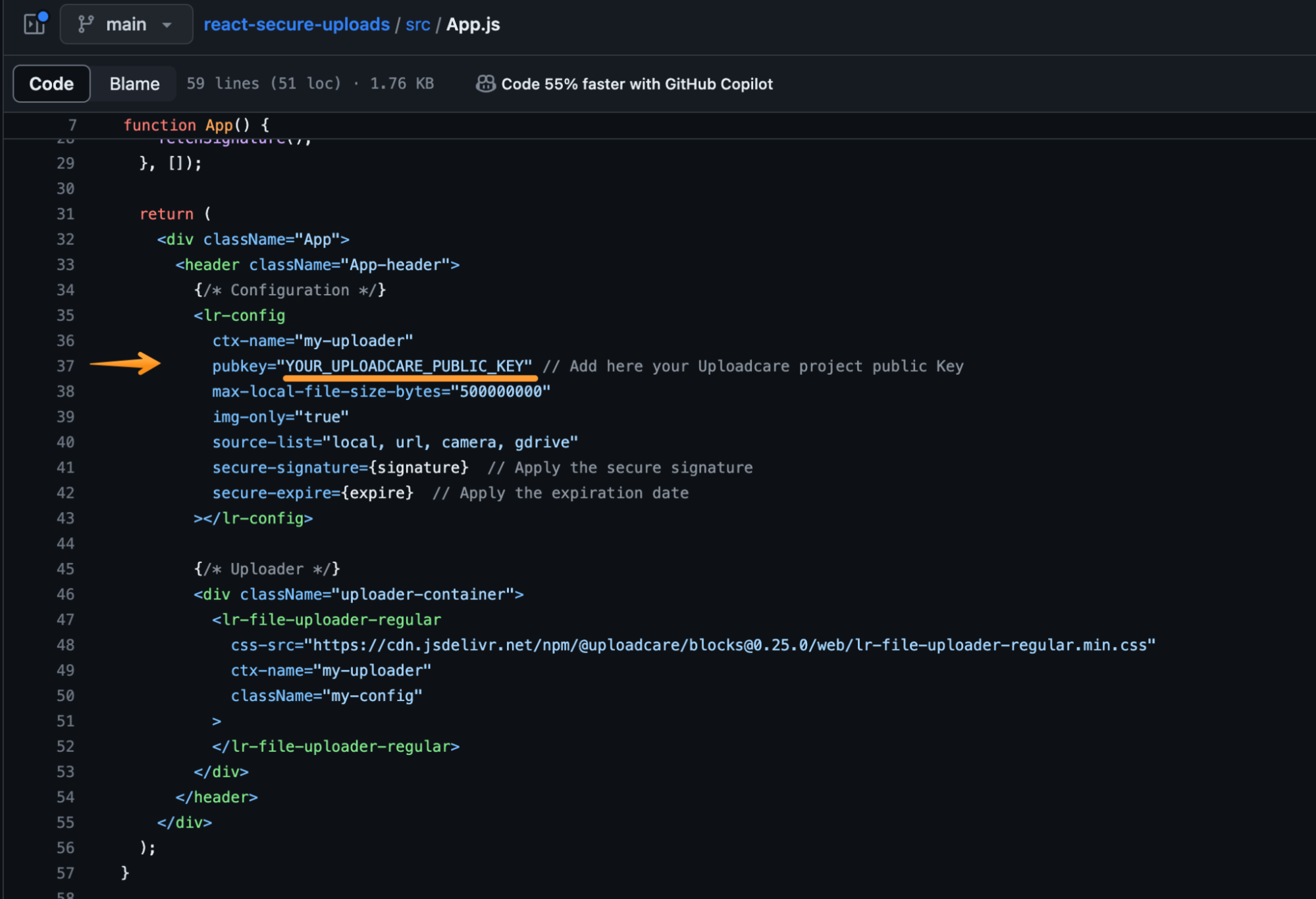 Inserting the Uploadcare public key to the code