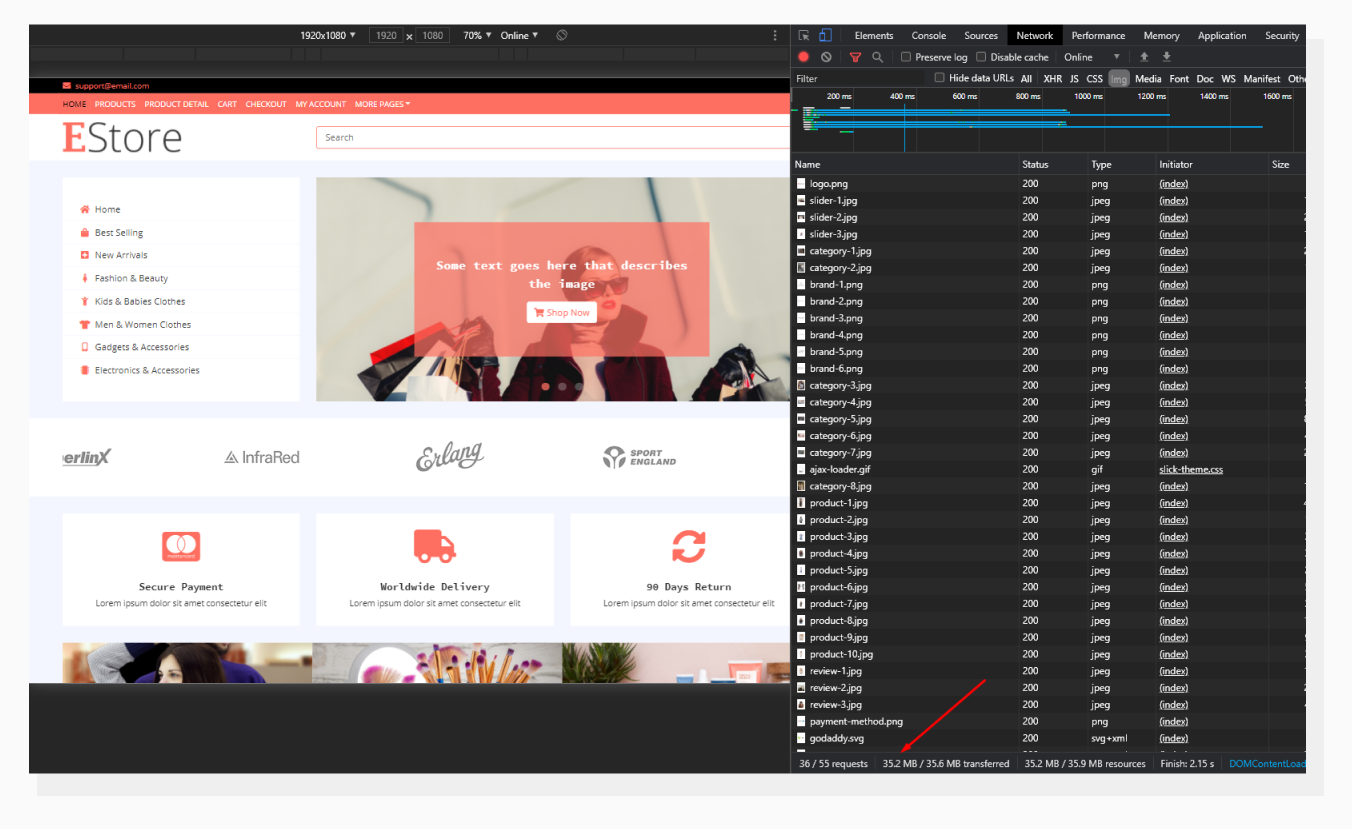 Chrome Dev Tools Network tab with Images filter
