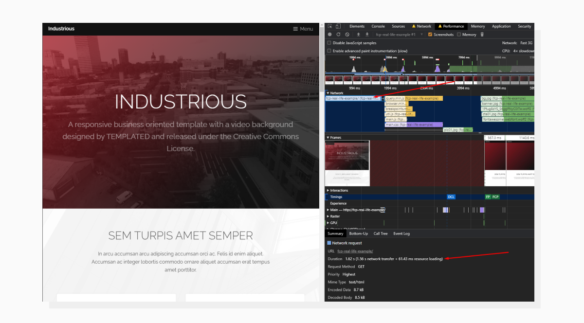 Performance tab with Initial Request