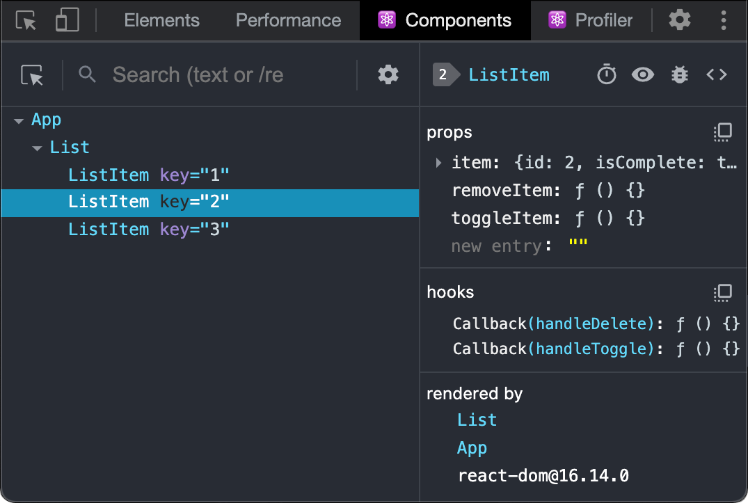 React Developer Tools, Components tab