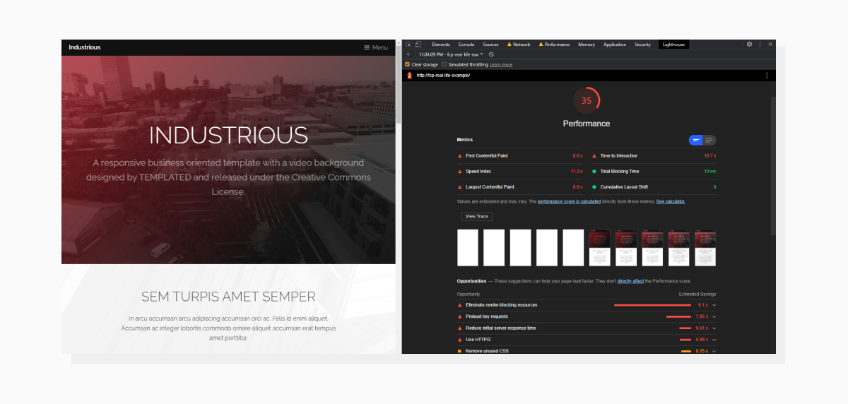 a split-screen with a page on the left and Lighthouse audit on the right