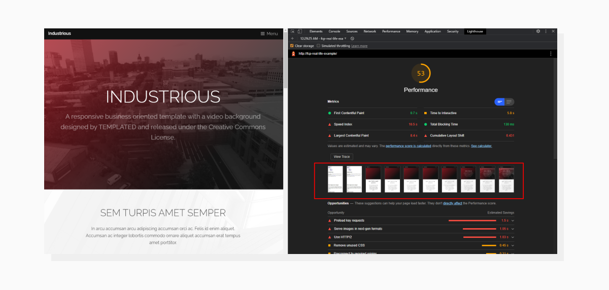 Lighthouse screenshot demonstrating unwanted consequences of moving CSS file to the bottom