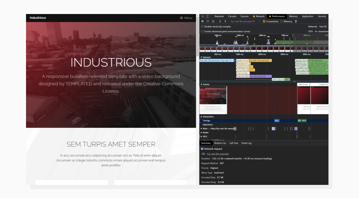 a webpage with the Performance tab opened