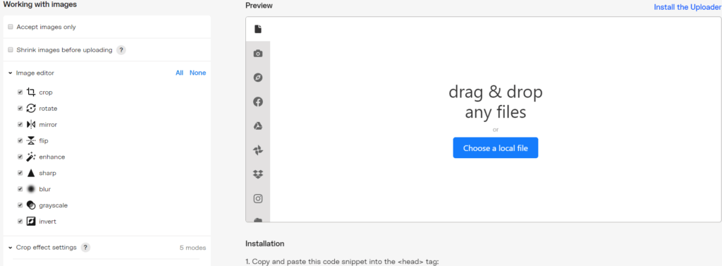 Uploadcare web uploader configurator 