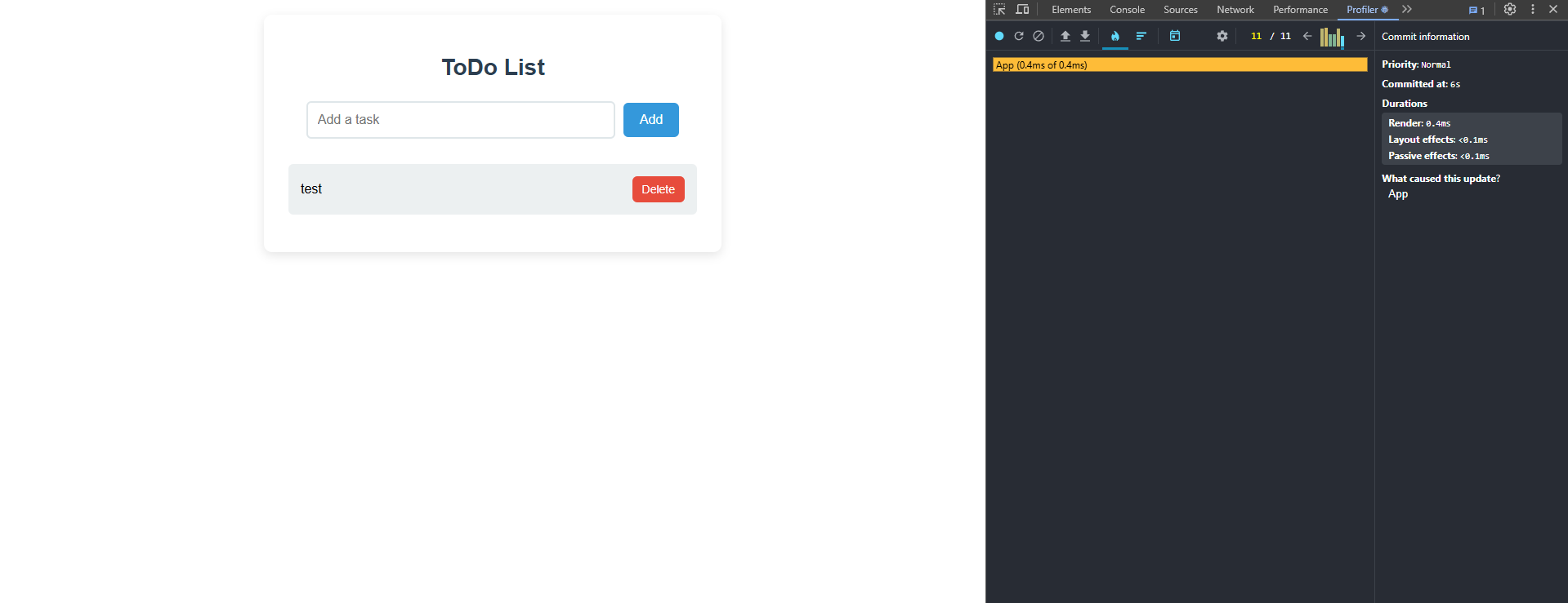 React DevTools Profiler opened in Flame Graph mode